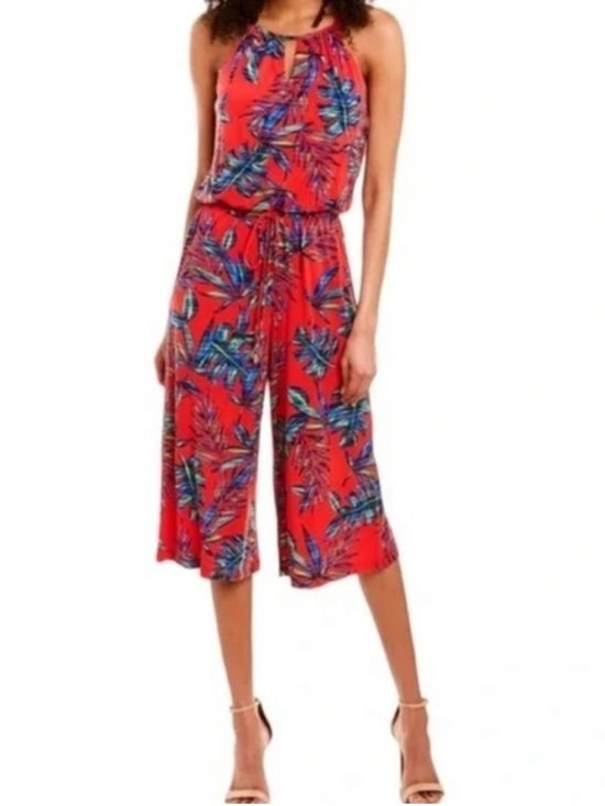 London Times Pants - London times Red Tropical Print Halter Jumpsuit